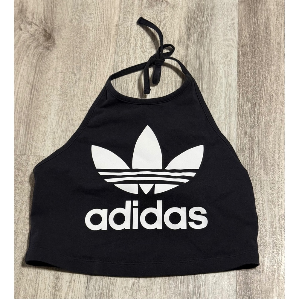 Adidas Originals Womens Black Trefoil Logo Halter Neck Crop Top Size Small